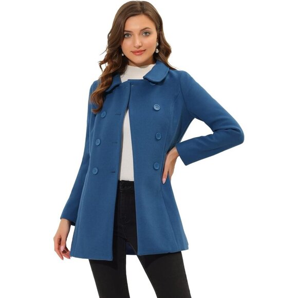 Women's Dark Grey Blue Peter Pan Collar Double Breasted Winter Long Trench Coat - Picture 3 of 5